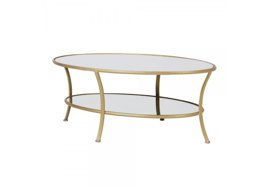 Art-deco oválný konferenční stolek Eldera ve zlaté barvě z kovu a skla 119cm