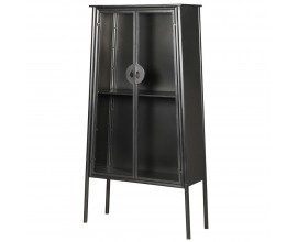 Moderní stylová vitrína Rikki černé barvy z kovu se skleněnými dvířky 179cm