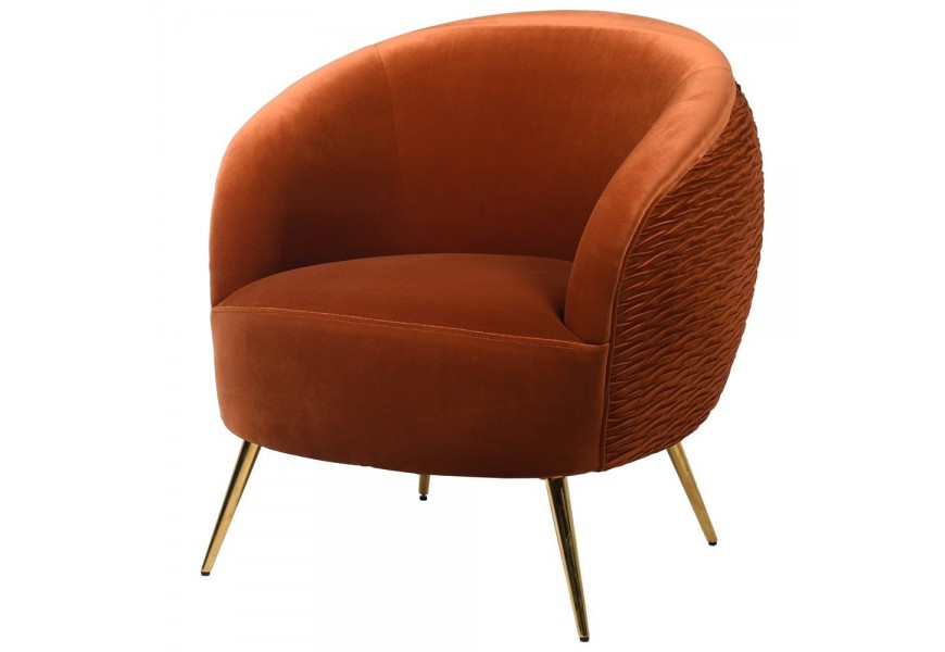 Luxusní art-deco sametová rezavě hnědá židle jilmu se zlatými nohama 80cm