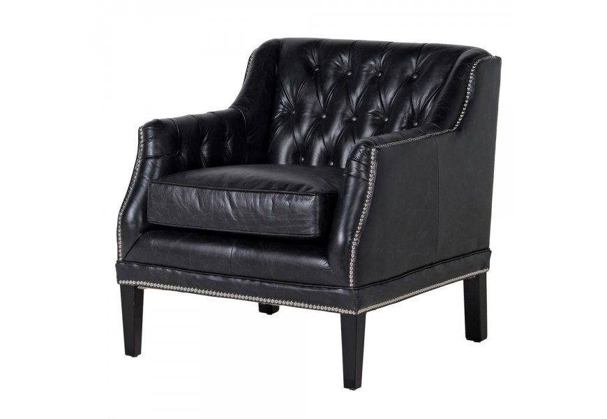 Luxusní černé křeslo z pravé kůže v Chesterfield stylu s dřevěnými nohami z masivu 87cm