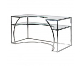 Art-deco atypický pracovní stůl s deskou ze skla a konstrukcí ve stříbrné barvě 140 cm