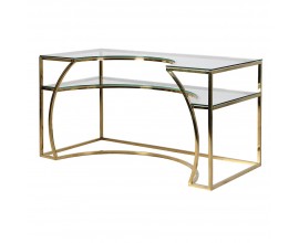 Art-deco atypický pracovní stůl s deskou ze skla a konstrukcí ve zlaté barvě 140 cm