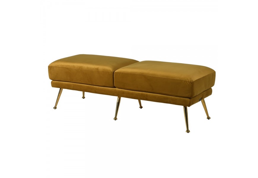 Art-deco lavice se sametovým potahem v hořčičný odstínu s lesklými nohama ve zlaté barvě 135 cm