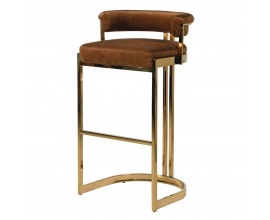 Luxusní art-deco barová židle Caramela v hnědém sametovém potahu se zlatou podstavou 90cm