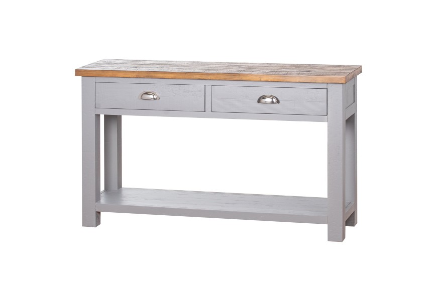 Designov&aacute; konzola Byland se z&aacute;suvkami v světle &scaron;ed&eacute; barvě s dřevěn&yacute;mi detaily 131cm