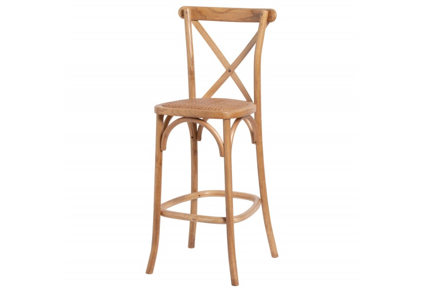 Venkovská barová stolička Peura z dubového masivu se zádovou opěrkou ve tvaru X s nožičkami s opěrkou na nohy