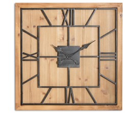 Industriální designové čtvercové nástěnné hodiny Faarzal na dřevěné masivní desce 60cm