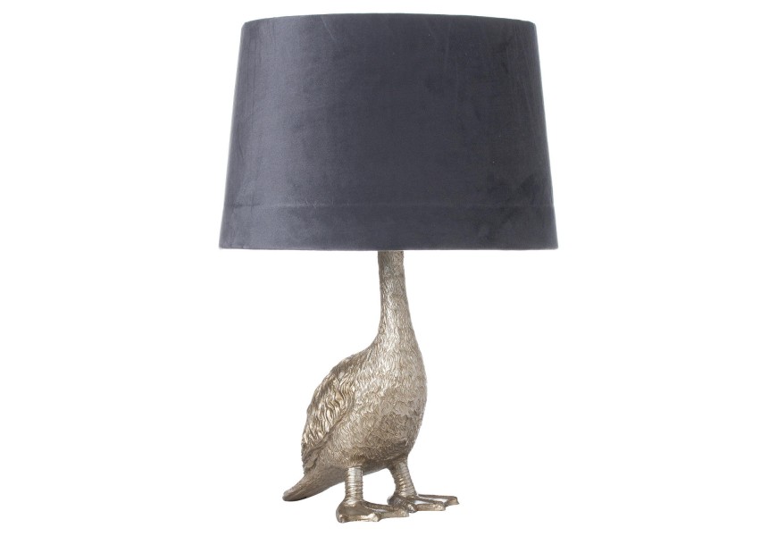 Stříbrná stolní lampa Goose Gary ve tvaru husy s šedým stínidlem 58 cm