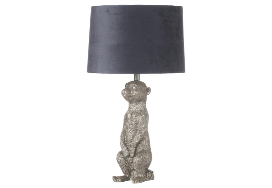 Designov&aacute; stř&iacute;brn&aacute; stoln&iacute; lampa Surikata Morris s &scaron;ed&yacute;m st&iacute;nidlem 67cm