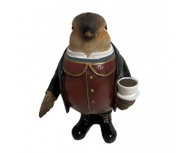 Designová vánoční soška Vrabec Henry popíjí čaj 13cm