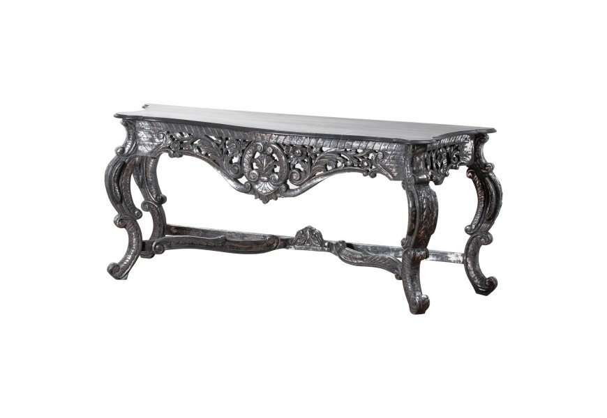 Barokn&iacute; vyřez&aacute;van&yacute; konzolov&yacute; stolek Louise ve stř&iacute;brn&eacute;m proveden&iacute; 191cm