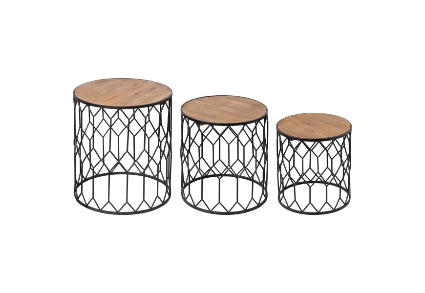 Set tř&iacute; industri&aacute;ln&iacute;ch př&iacute;ručn&iacute;ch stolků Mansa z hněd&eacute;ho masivu s černou kovovou podstavou 54cm