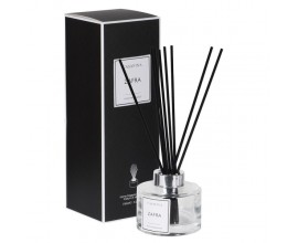 Stylový difuzér Zafra s aroma jasmínu a santalového dřeva ve skleněné průhledné lahvičce s černými hůlkami