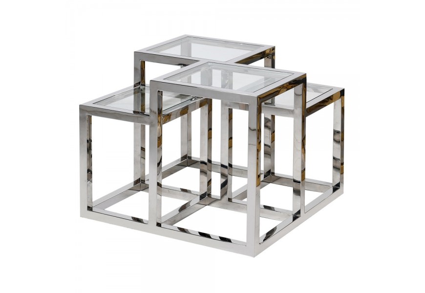Postranní stolek ve stylu art deco s geometrickou chromovou strukturou a skleněnými deskami 65 cm