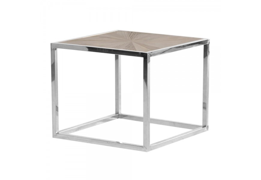 Moderní čtvercový příruční stolek Adelie z jilmového dřeva se stříbrnou kovovou konstrukcí 60cm