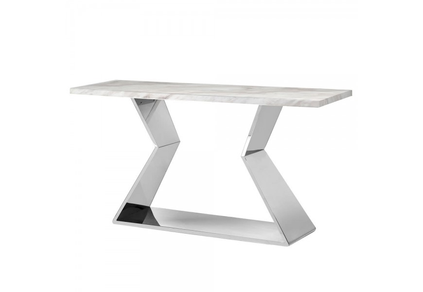Chromovaný konzolový stolek ve stylu art deco s bílou mramorovou deskou 150 cm