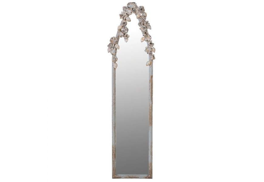 Vintage bílé nástěnné zrcadlo s květinovou plastikou 100 cm