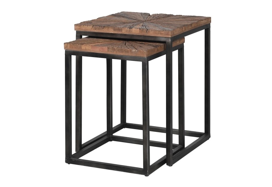 Sada dvou industriálních konferenčních stolků z břidlice s dřevěnou deskou a kovovou podnoží v černé barvě 56 cm