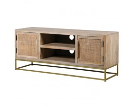Exkluzivní televizní stolek Art-Deco ze světle hnědého masivního dřeva na zlaté kovové podnoži 130 cm