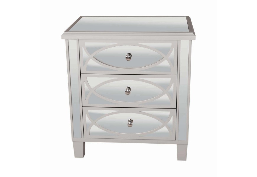 Jedinečný stříbrný zrcadlový noční stolek Padme se zdobenými zásuvkami a stříbrnými rukojeťmi