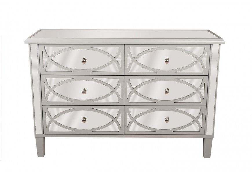 Jedinečná a designová zrcadlová komoda Padme se zdobenými zásuvkami a stříbrnými rukojeťmi