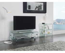 Designový skleněný TV stolek Cristallere na kolečkách s úložným prostorem 100cm