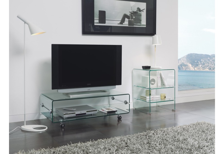 Designový skleněný TV stolek Cristallere na kolečkách s úložným prostorem 100cm