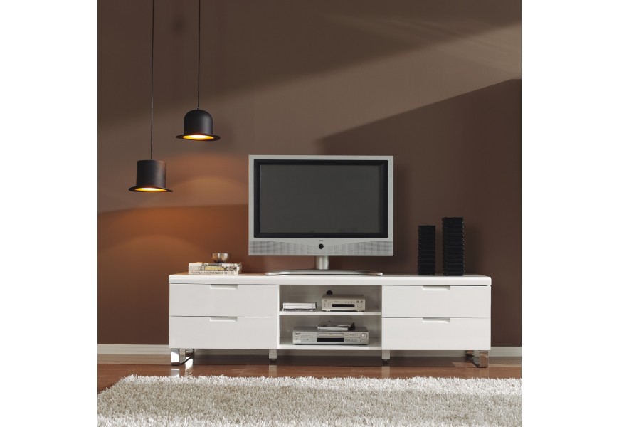 Moderní oddélníkový TV stolek Henning v lesklé bílé barvě se stříbrnými nožičkami