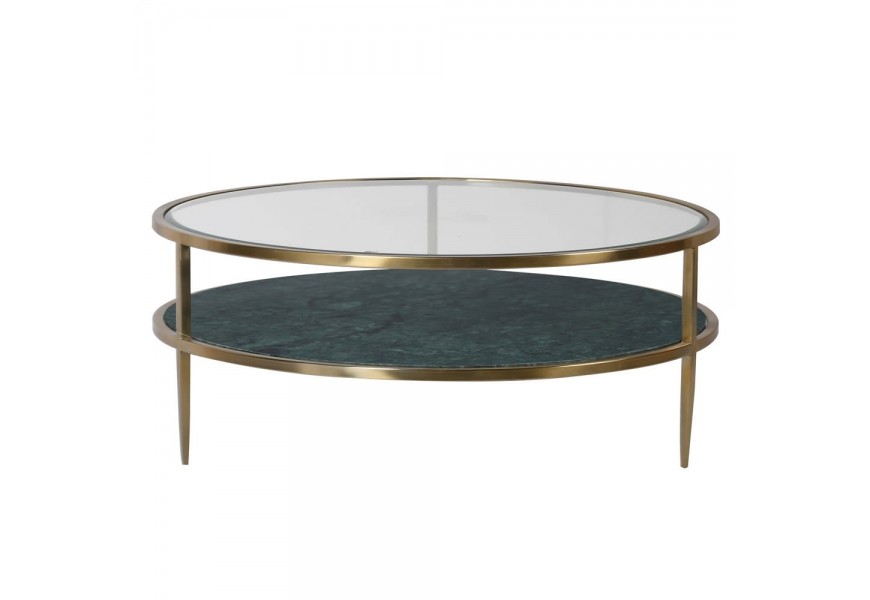 Designový kruhový art-deco konferenční stolek Roanoke v zeleno-zlaté barvě z kovu, mramoru a skla