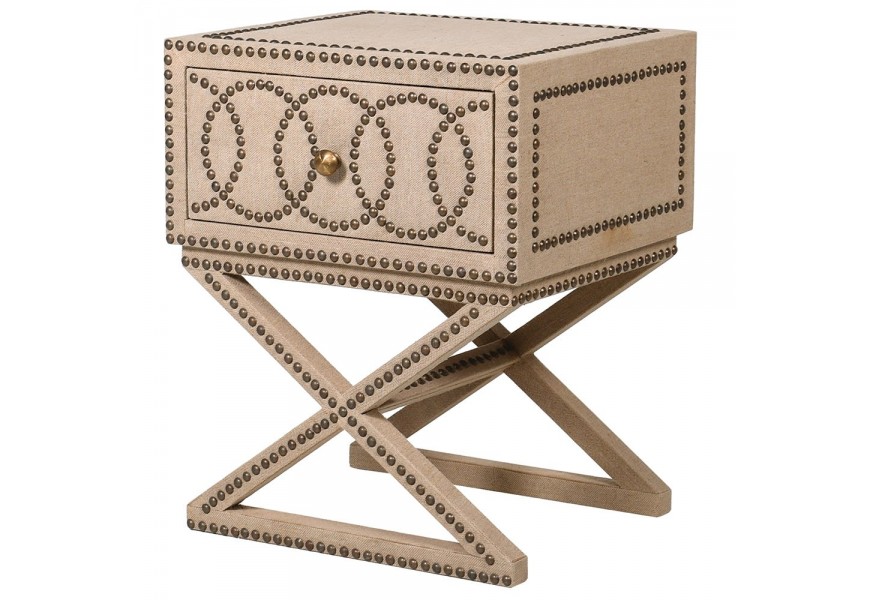 Designový moderní noční stolek CirculaCrema se zásuvkou s béžovým čalouněním a kovovými cvoky