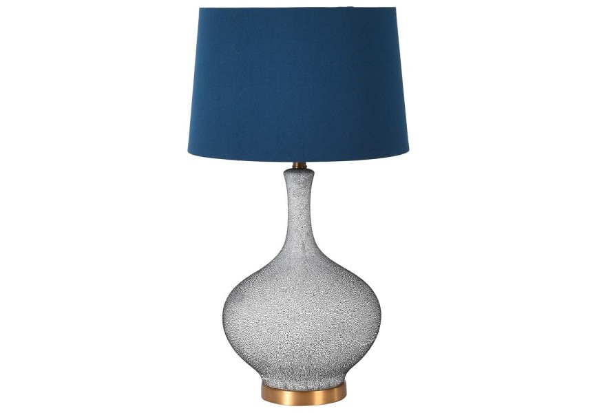 Moderní keramická stolní lampa PUNKT ve stříbrné barvě na zlatém podstavci s tmavě modrým stínidlem