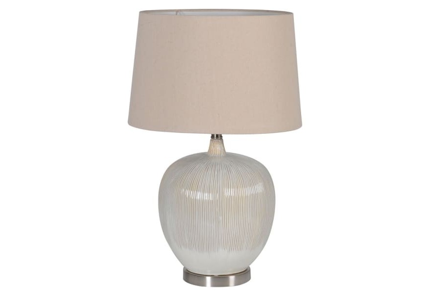 Stylová krémová a bílá keramická stolní lampa s béžovým lněným stínidlem