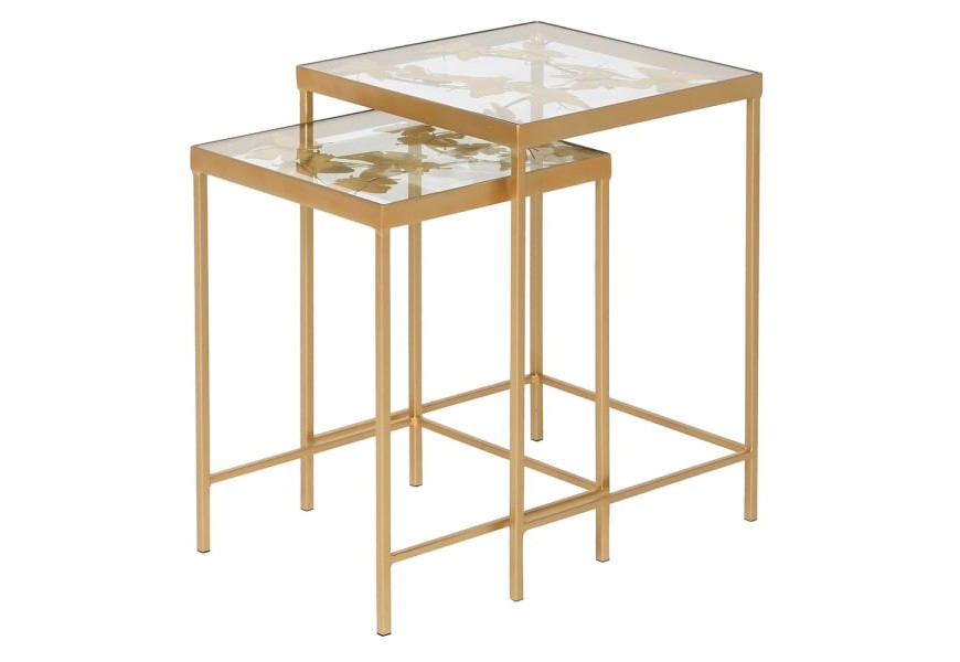 Designový set dvou příručních stolků Papillon v art-deco stylu zlaté barvy z kovu a skla
