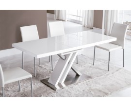 Moderní obdélníkový rozkládací jídelní stůl Brillante v lesklé bílé barvě s kovovou podstavou atypického tvaru 130(170)cm