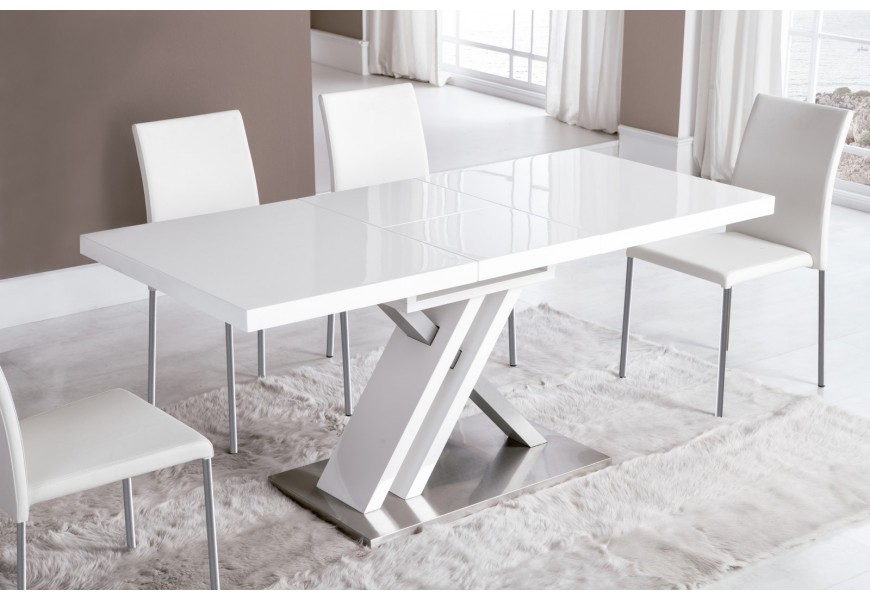 Obdélníkový jídelní stůl Brillante s rozkládací vrchní deskou v lesklé bílé barvě