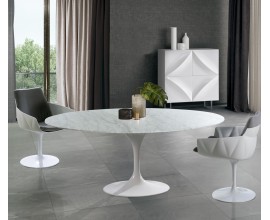 Luxusní kulatý jídelní stůl Henning Marble z mramoru s lesklou bílou podstavou 200cm