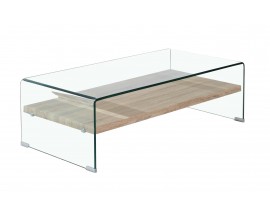 Moderní skleněný konferenční stolek Alize s dřevěnou poličkou 110cm