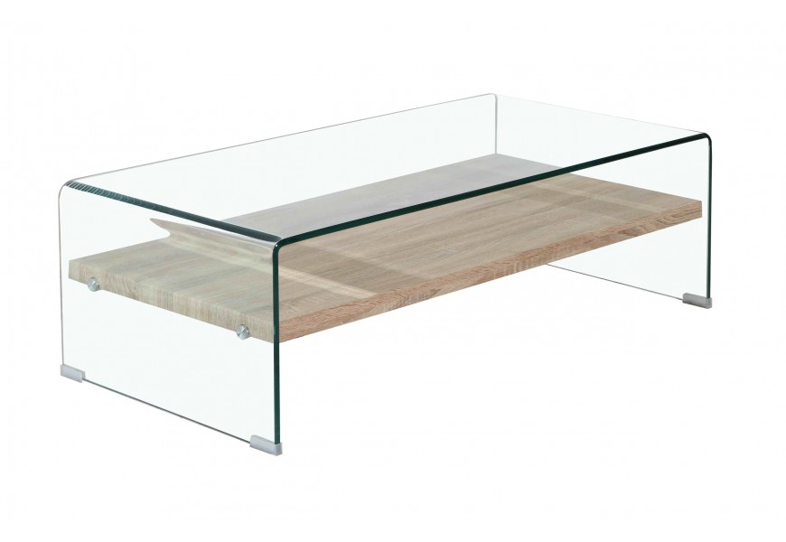 Designový skleněný konferenční stolek Alize s dřevěnou poličkou
