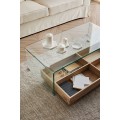Moderní skleněný konferenční stolek Alize s úložným prostorem ze dřeva na kolečkách 110cm