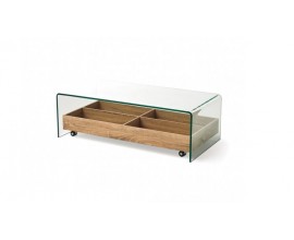 Moderní skleněný konferenční stolek Alize s úložným prostorem ze dřeva na kolečkách 110cm