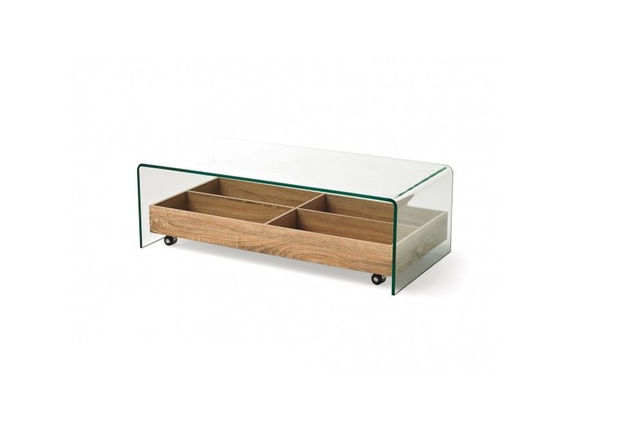 Designový skleněný konferenční stolek Alize s dřevěným úložným prostorem na kolečkách
