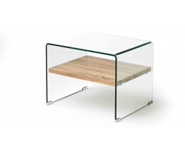 Designový nadčasový příruční stolek Alize ze skla s dřevěnou poličkou