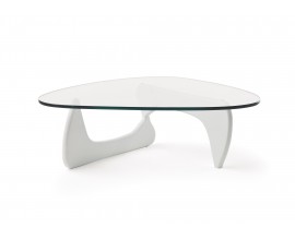 Designový konferenční stolek Dezina s bílou podstavou a skleněnou povrchovou deskou oblých tvarů