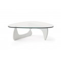 Designový konferenční stolek Dezina s bílou podstavou a skleněnou povrchovou deskou oblých tvarů