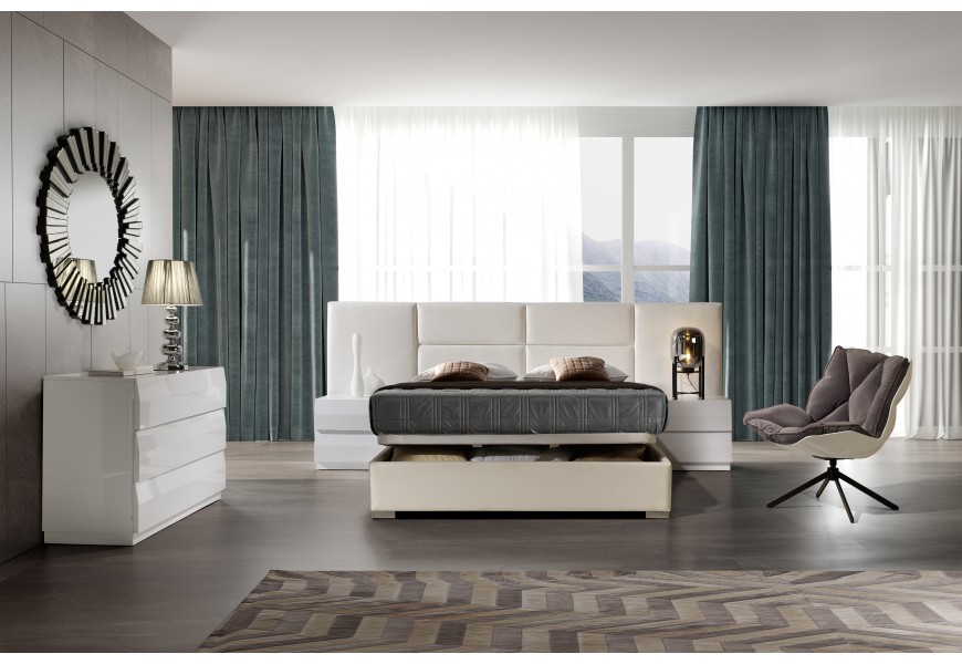 Moderní luxusní postel Sara s rozšířeným čelem s čalouněním z ekokůže a s úložným prostorem 140-180cm