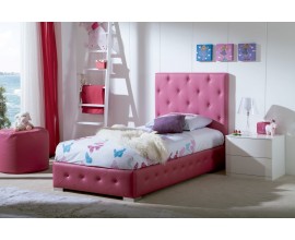 Designová kožená jednolůžková postel Raquel růžové barvy s chesterfield prošíváním