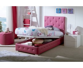 Stylová moderní čalouněná postel Raquel z ekokůže fuchsiové barvy s chesterfield prošíváním as úložným prostorem