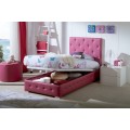 Stylová moderní čalouněná postel Raquel z ekokůže fuchsiové barvy s chesterfield prošíváním as úložným prostorem
