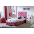 Moderní stylová postel Raquel s růžovým koženým potahem s chesterfield prošíváním s úložným prostorem 90-105cm