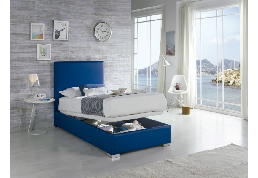 Elegantní jednolůžková čalouněná postel Piccolo z ekokůže modré barvy s úložným prostorem